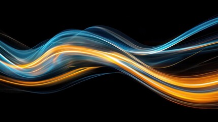 Abstract waves of light in blue and orange against a black background.
