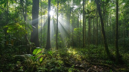 Obraz premium 6.Sunlight streaming through a dense canopy of trees in a lush forest, with beams of light piercing through the foliage. The forest floor is covered in soft grass, moss, and scattered twigs, with