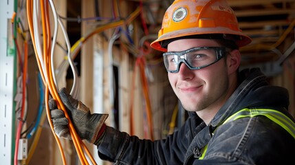 Young Electrician Working with Electrical Wires in a Building Under Construction