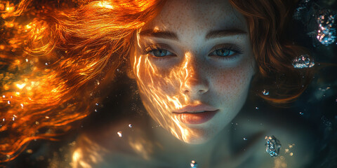 Obraz premium Mermaid underwater. Fairytale magical woman with a fish tail