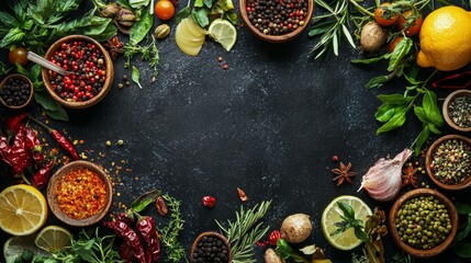 Assorted spices and herbs frame on dark textured background