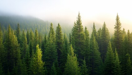 Lush green forest with misty mountains in the background.