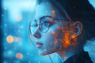 Innovative Female Professional with Digital Interface Overlay