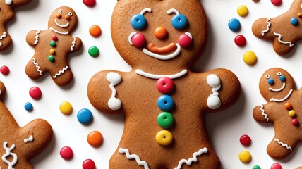 Fototapeta premium A beautifully detailed gingerbread man isolated on a white background, decorated with colorful icing and candy buttons. The texture of the gingerbread is warm and realistic, showcasing its crisp edges