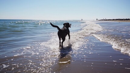 A dog joyfully runs along the shoreline, playing in the water on a sunny beach day.