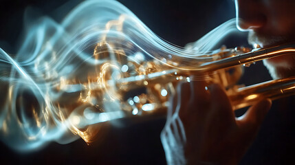 Fototapeta premium Musician playing trumpet, smoky artistic effect.