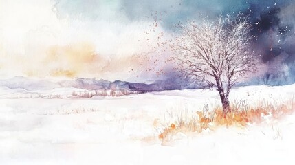 A serene winter landscape with a solitary tree amidst soft colors and snow.