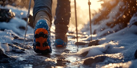 Close-up of trekking poles and boots on a snowy trail illuminated by golden sunlight during a winter hike