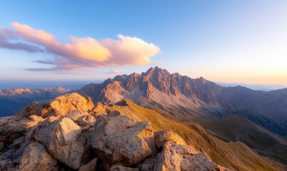 Obraz premium Majestic mountain landscape at sunset with rocky foreground.