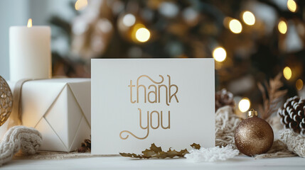 White Thank You note card Christmas image with gold text, blurred room background of festive holiday decorations with branches, lights, ornaments, cones. Note to express gratitude and appreciation