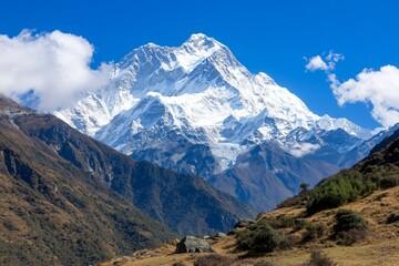 Majestic snow-capped mountain under a clear blue sky.