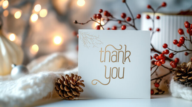 White Thank You note card Christmas image with gold text, festive holiday decorations with branches, lights, ornaments, cones. Thank You Note Day on December 26th to express gratitude and appreciation