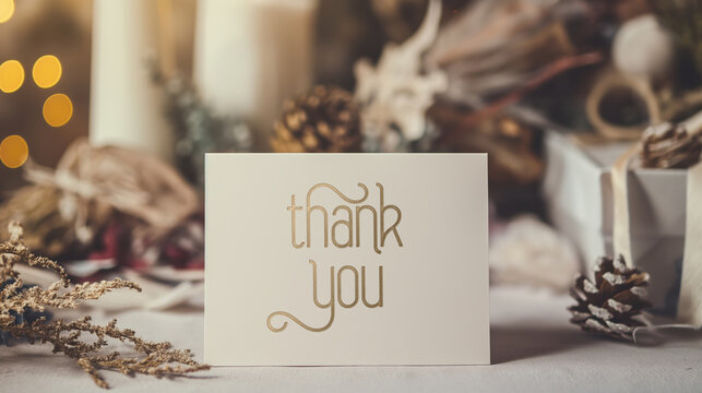 White Thank You note card Christmas image with gold text, festive holiday decorations with branches, lights, ornaments, cones. Thank You Note Day on December 26th to express gratitude and appreciation