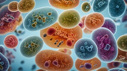 A highly detailed macro close-up of various bacteria and virus cells inside a transparent petri dish. The cells are rendered with vibrant, translucent colors and intricate textures