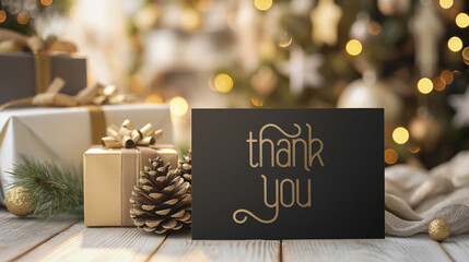 Black Thank You note card Christmas image with gold text, blurred room background festive holiday decorations with branches, lights, ornaments, cones. Note to express gratitude and appreciation
