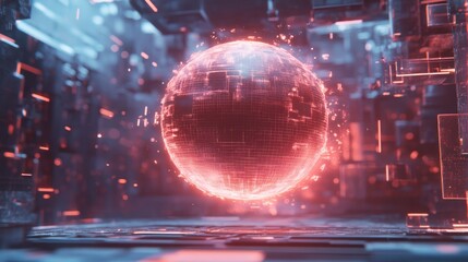 Obraz premium Holographic sphere in a futuristic, digital space, glowing with an ethereal, red light, surrounded by abstract geometric shapes and glowing lines.