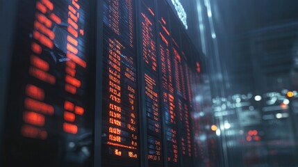 A close-up view of digital screens displaying stock market data and prices.