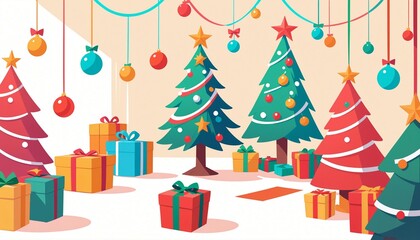 Festively decorated Christmas trees surrounded by colorful gifts, cheerful holiday scene, joyful atmosphere
