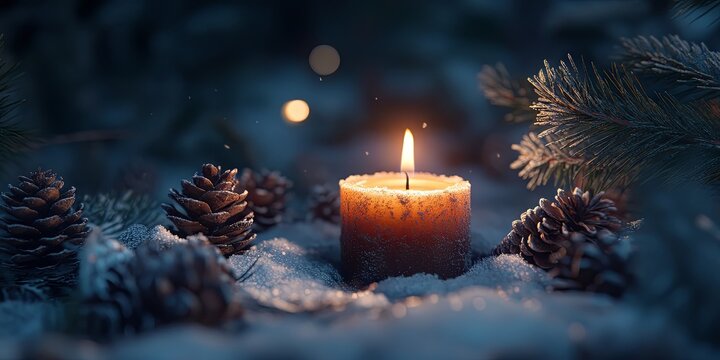 Burning Candle in Snowy Winter Scene with Pine Cones