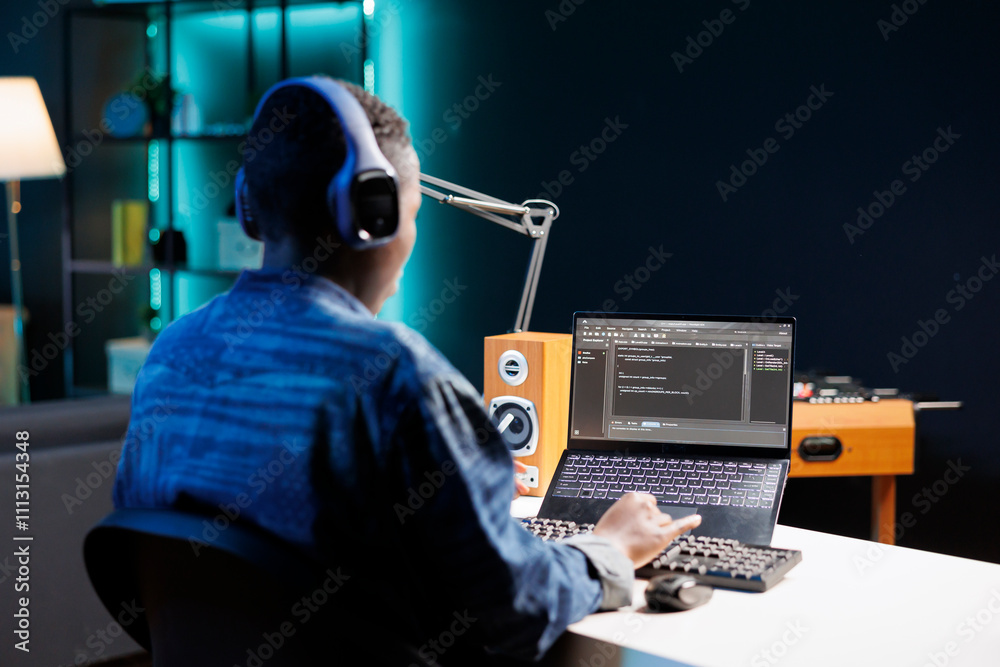 Poster black woman coding at her desk, controlling digital laptop using a keyboard and mouse, managing soft