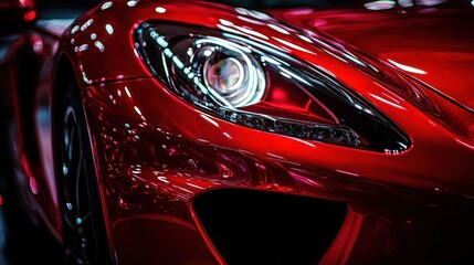 Close-up of a luxury sportscar headlight with reflection on red paint.