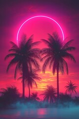 Naklejka premium Vibrant sunset landscape with palm trees. Neon pink circle highlights retro futuristic vibes. Tropical island scene evokes summer vacation. Tranquil water surrounds island. Stylish art deco