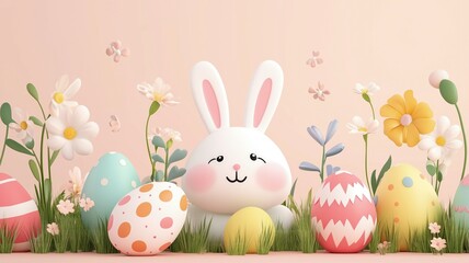 Obraz premium A cute bunny surrounded by colorful Easter eggs and flowers in a pastel setting.