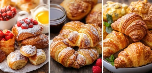 Collage featuring assorted pastries, croissants, and danishes, showcasing a delightful breakfast spread.