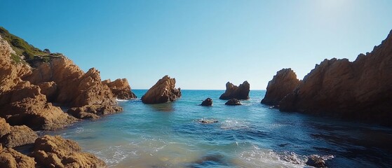 Scenic coastal view with rocky formations and clear blue water.