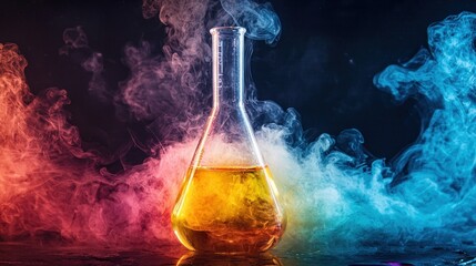 A chemical reaction happening in a glass beaker, with vibrant colors and smoke rising from the contents