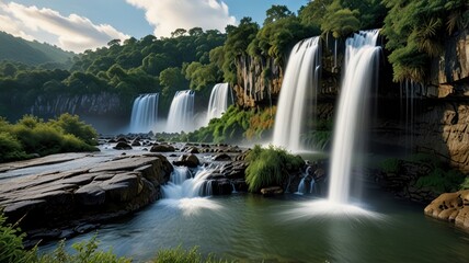 Obraz premium Majestic waterfalls cascading down rocky cliffs, surrounded by lush green foliage and a tranquil river.