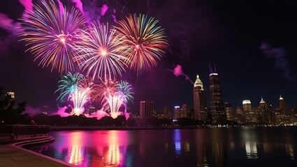 Vibrant Fireworks Display Over City Skyline at Night