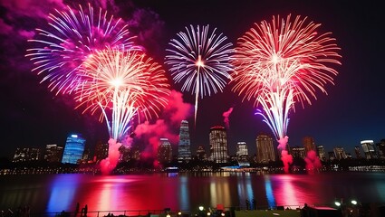 Vibrant Fireworks Display Over City Skyline At Night