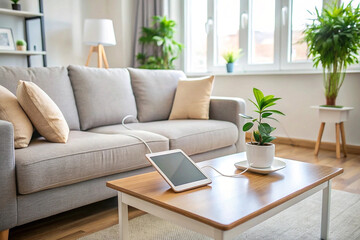 Fototapeta premium Tablet charging on coffee table in modern living room with sofa and plants.