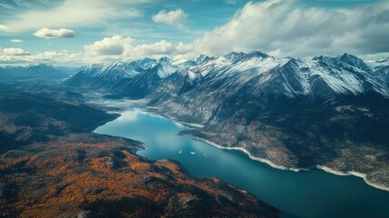 Naklejka premium Scenic mountain landscape with a lake and autumn foliage under a cloudy sky.