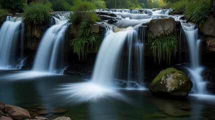 Obraz premium Serene cascading waterfall flowing over moss-covered rocks.