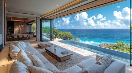 Luxurious beachfront living room with panoramic ocean views, featuring a large sofa, coffee table, and infinity pool.