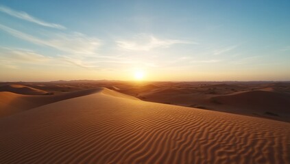 Serene sunset over rolling sand dunes in a desert landscape.