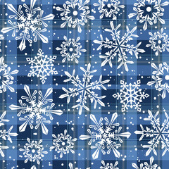 Seamless pattern of Christmas Icy Snowflakes with Blue Plaid Background- Christmas Vector Design 