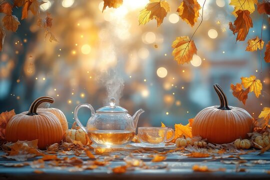 Autumn tea party scene with pumpkins, leaves. Clear teapot steams gently over warm teacup. Golden sunlight filters through autumn leaves. Serene, cozy fall setting. Perfect for autumnal events, fall