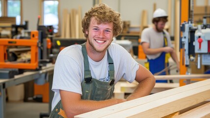 A smiling young man working in a woodworking shop with tools and materials around him.