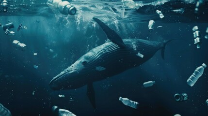 Fototapeta premium Whale Swimming in a Sea of Plastic Pollution