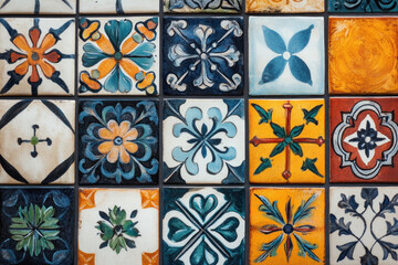 Vibrant wall of colorful tiles in geometric patterns under sunlight, casting captivating shadows.