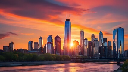 Obraz premium Vibrant Sunset Over New York City Skyline