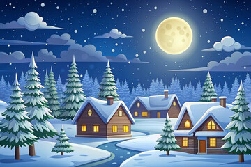 Fototapeta premium Snowy village at night under a full moon.