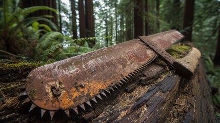 A rusty saw rests against a massive, partially cut tree trunk in a misty forest, surrounded by ferns and dense, towering trees in the background.