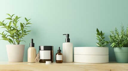 Minimalist skincare products with plants on a wooden shelf