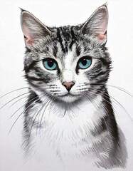 artistic portrait of a pet cat, hand drawn sketch, cats art