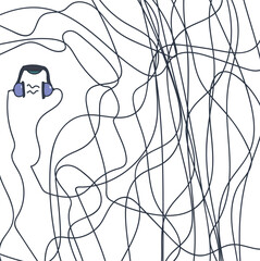 In one part of the image there are musical headphones with sound. Tangled wires come out from the device.