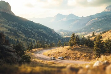 Fototapeta premium Ultra-detailed image of a car journeying through mountainous American landscapes, shot with f35mm, 8K HD, and editorial photography style; features cinematic color grading, tilt blur